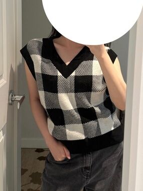 black and white checked v-neck knit vest